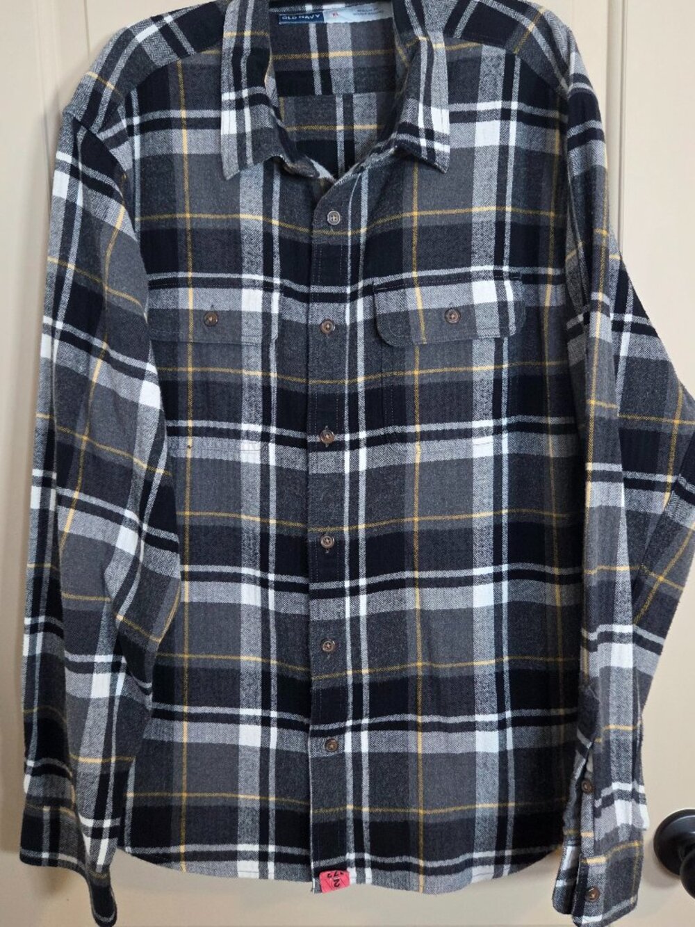 Old Navy Plaid Flannel Shirt Long Sleeve Black-Gray-White-Yellow Size XL
